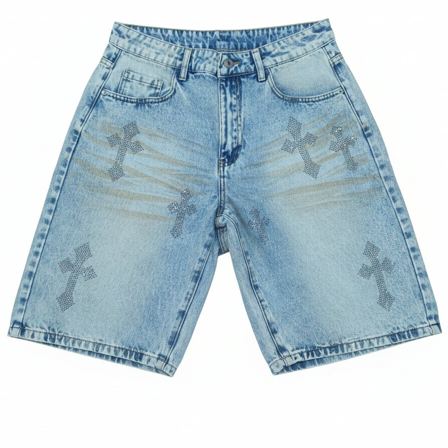 Dettaglio strass a croce su bermuda jeans uomo – I Narcisi