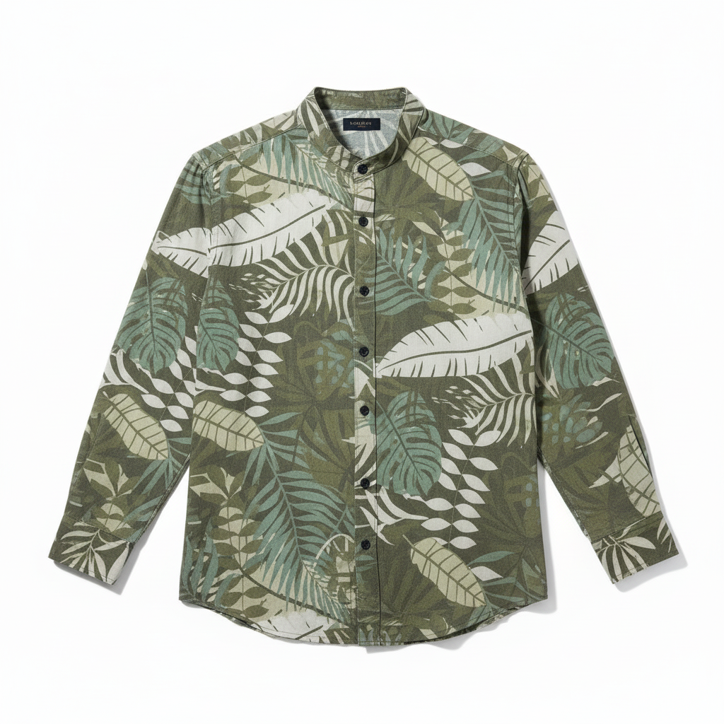 Camicia lino uomo fantasia floreale verde – dettaglio tessuto Made in Italy, I Narcisi