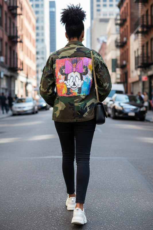 Giacca militare mimetica vintage con stampa pop art Minnie Mouse – Pezzo unico Made in Italy – I Narcisi