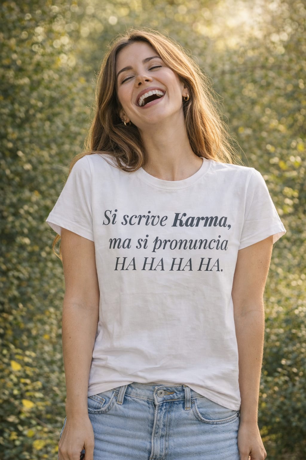 T-shirt Donna 'Si scrive Karma ma si pronuncia HA HA HA' Stampa Divertente Made in Italy