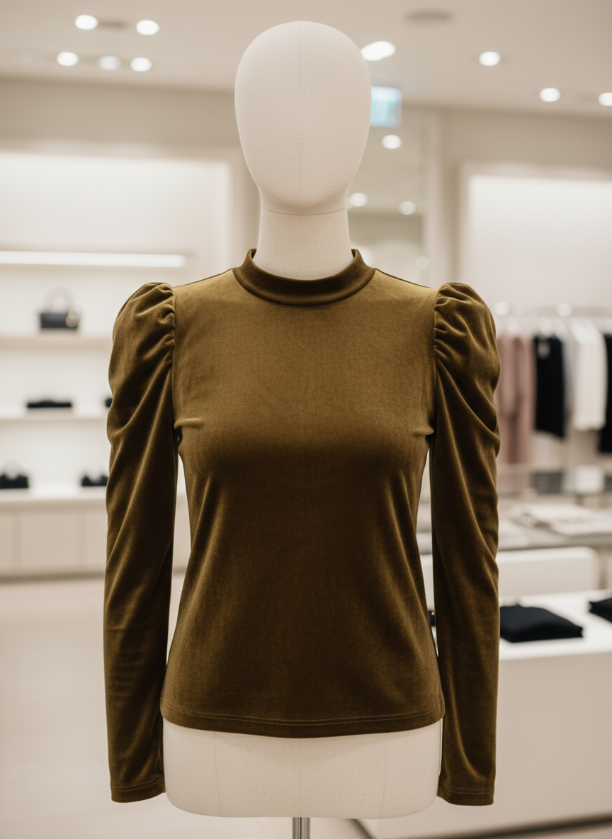 Maglia Donna Effetto Velluto Maniche Sbuffo Collo Alto – Elegante Morbida Made in Italy