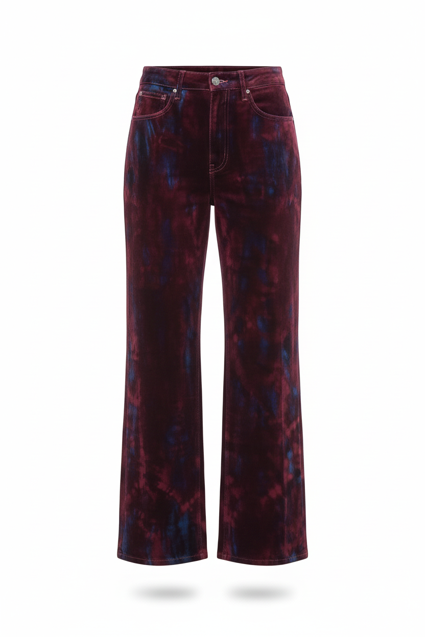 Jeans denim donna stampa astratta casuale particolari velluto bordeaux - flat lay / I NARCISI