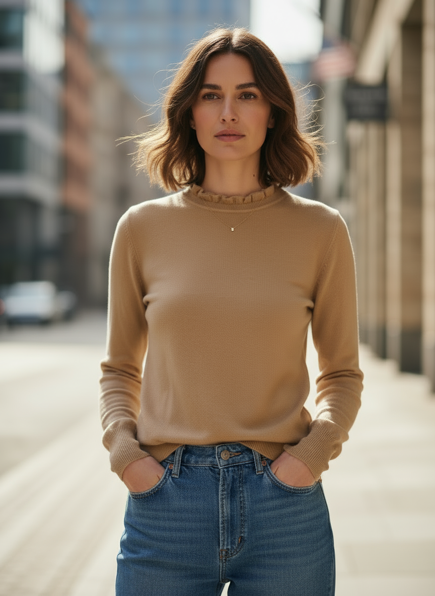 Maglia Donna Beige Manica Lunga con Collo Arricciato – Made in Italy Elegante e Morbida