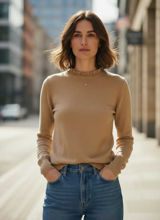 Maglia Donna Beige Manica Lunga con Collo Arricciato – Made in Italy Elegante e Morbida