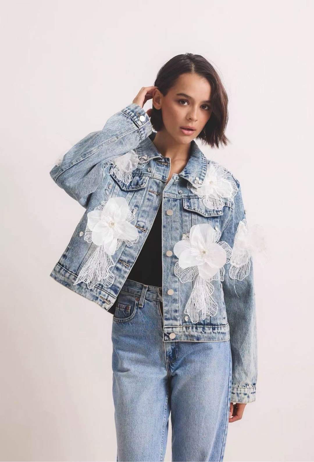 Giacca jeans donna applicazioni tulle Made in Italy – dettaglio tulle | I Narcisi