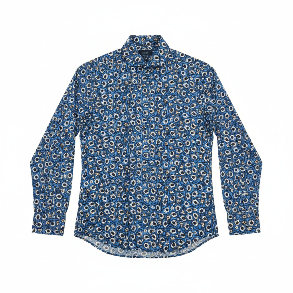 Camicia Uomo in Cotone Blu – Stampa Margherite con Colletto