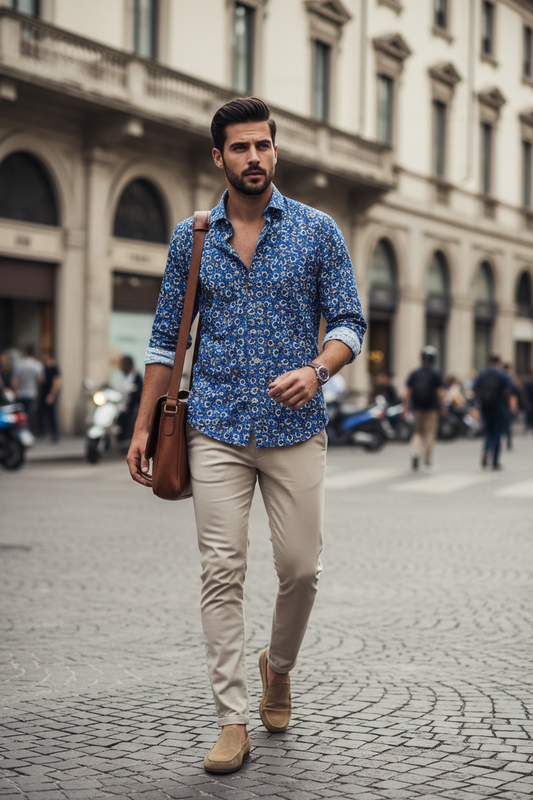 Camicia Uomo in Cotone Blu – Stampa Margherite con Colletto