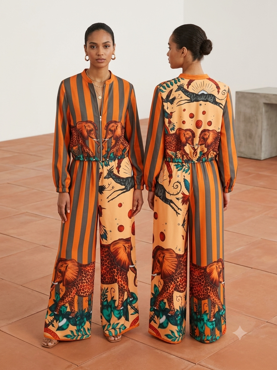 Completo donna due pezzi giacchettino zip e pantalone palazzo - variante Savana Pop