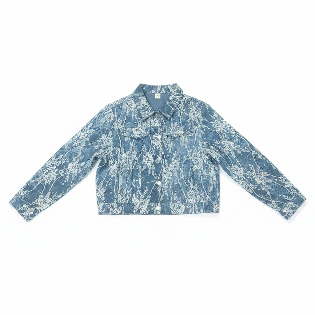 Giacca Jeans Donna con Pizzo e Perle