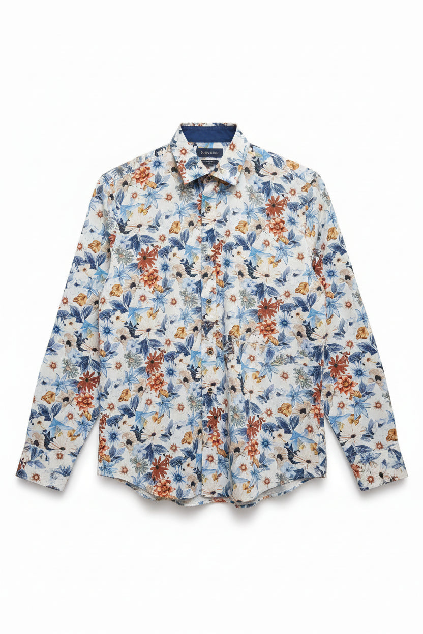 Camicia uomo floreale celeste I Narcisi – Dettaglio stampa floreale taglie S M L XL XXL

