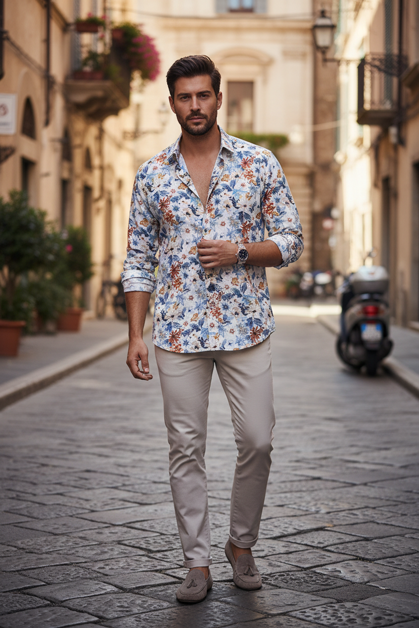 Camicia uomo floreale celeste I Narcisi – Dettaglio stampa floreale taglie S M L XL XXL
