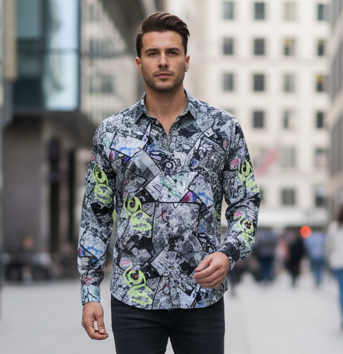 Camicia Uomo in 100% Viscosa Made in Italy con Collo Coreano – Stampa Street Art Multicolor