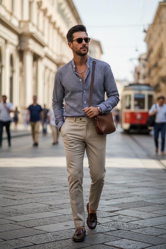 Camicia Uomo Collo Coreano – Cotone Fantasia Microcerchi Rosso e Blu Made in Italy