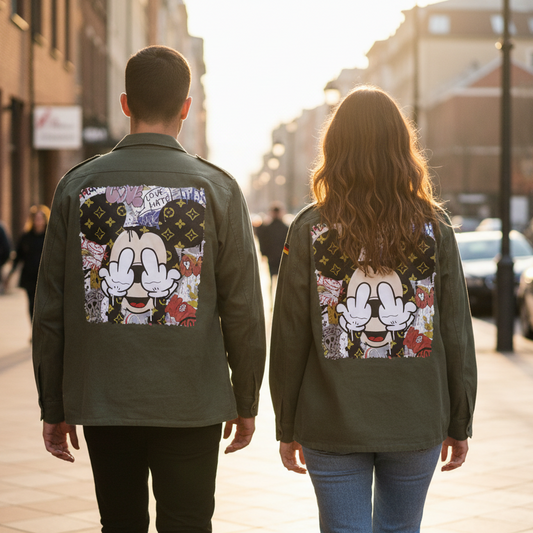 Giacca militare tedesca vintage con stampa pop art Mickey Mouse – Pezzo unico Made in Italy – I Narcisi