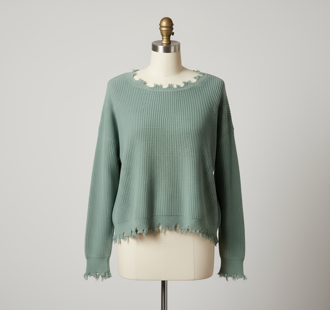 Maglia donna verde salvia bordo sfrangiato Made in Italy – dettaglio finitura e tessuto
