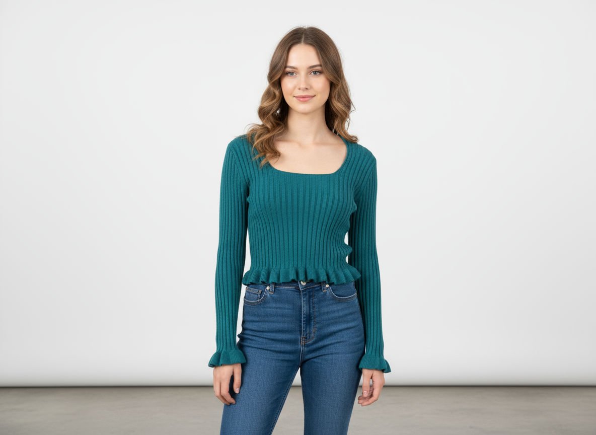 Maglia Donna a Costine con Scollo Quadrato – Maniche Lunghe | Dettaglio Volant in Vita | Made in Italy