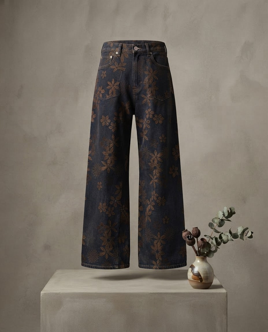 Jeans wide leg floreale donna su sfondo neutro- I NARCISI