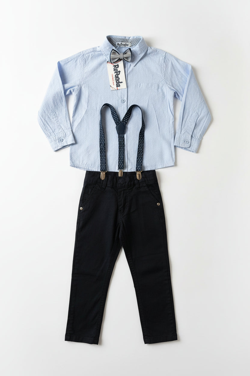 Completo Bambino Camicia Pantalone Bretelle Blu Marrone 4-14 Anni Cerimonie