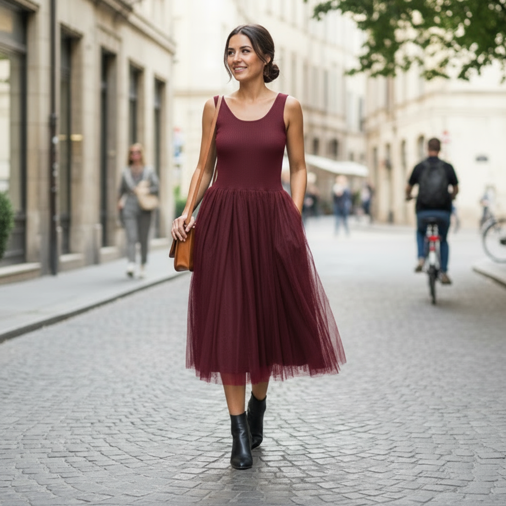 Vestito Tulle Donna Made in Italy – Nero o Bordeaux Elegante Cerimonie