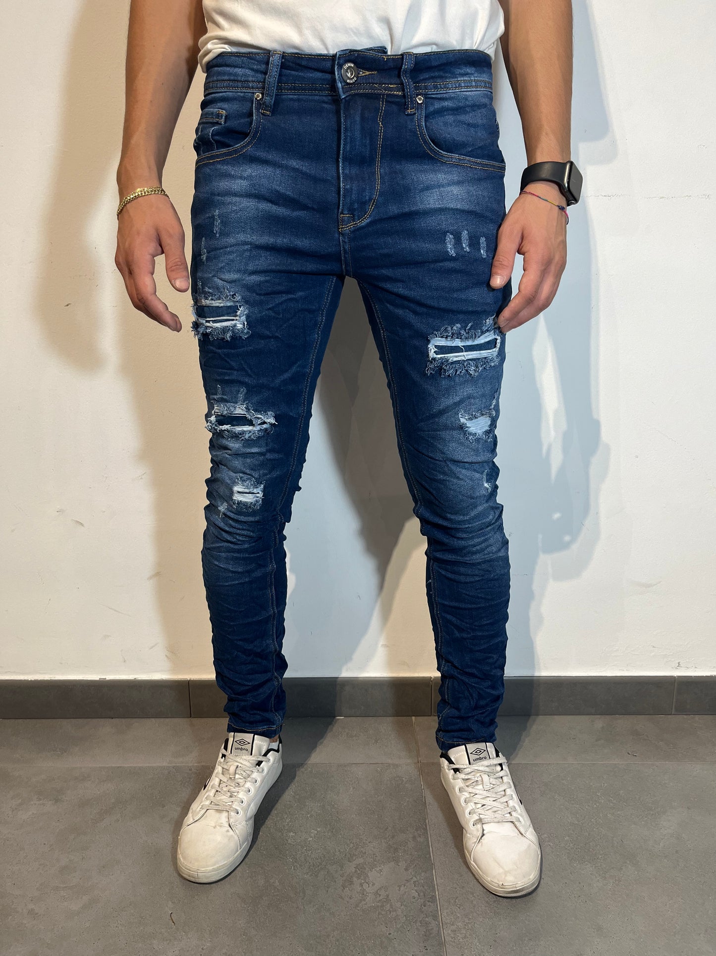 Jeans Uomo Slim Fit Effetto Macchiato – Denim Blu Elasticizzato