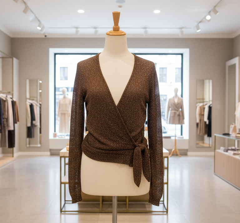 Cardigan Donna Marrone Lurex Incrociato Fiocco – Made in Italy Taglia Unica