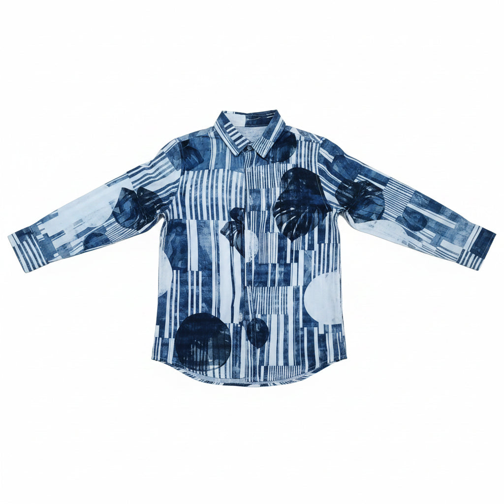 Camicia Uomo in Viscosa con Colletto – Fantasie Astratte e Geometriche Navy e Bianco