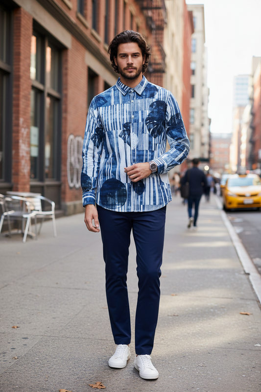 Camicia Uomo in Viscosa con Colletto – Fantasie Astratte e Geometriche Navy e Bianco