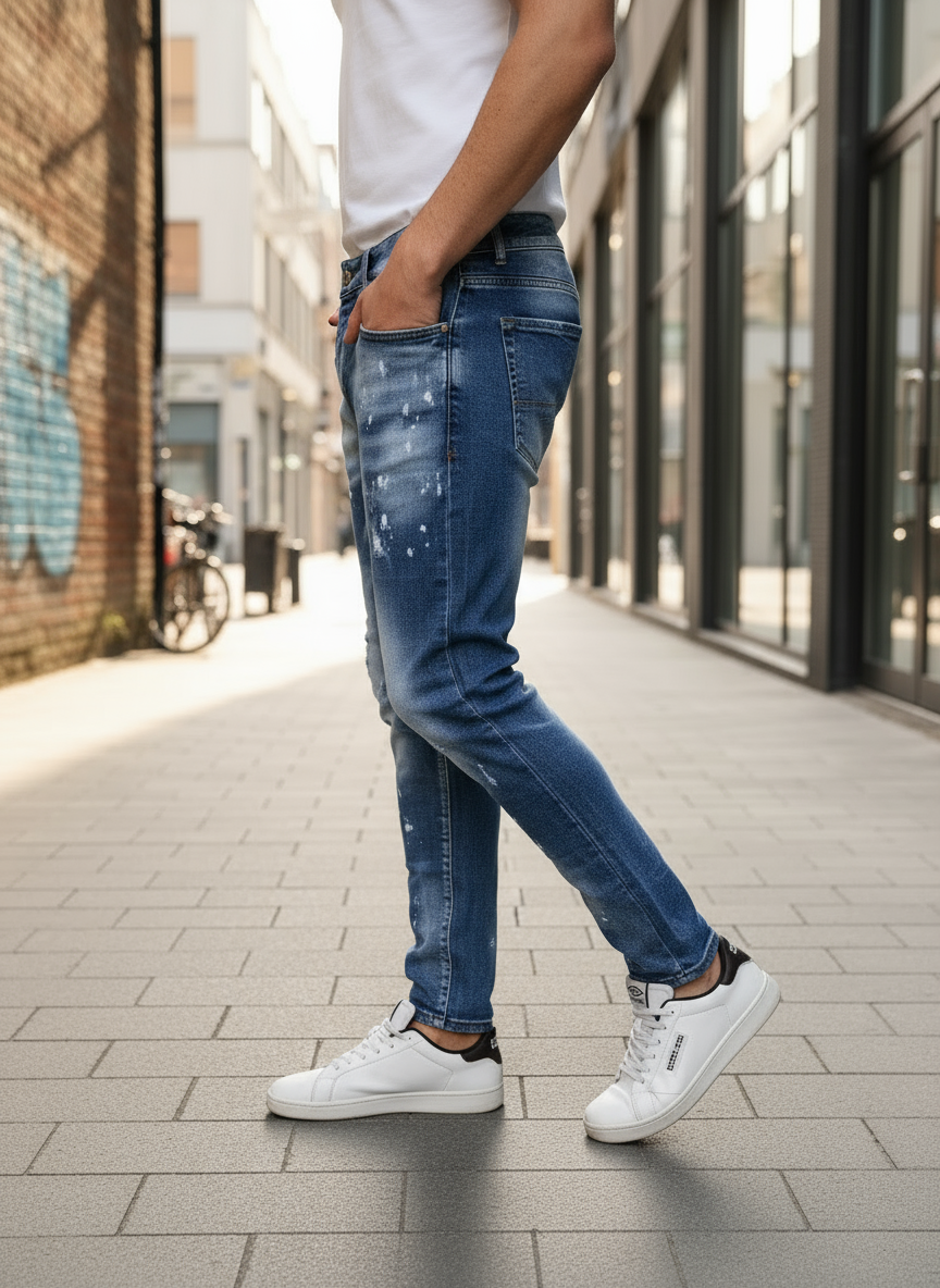 Jeans Uomo Slim Fit Effetto Macchiato – Denim Blu