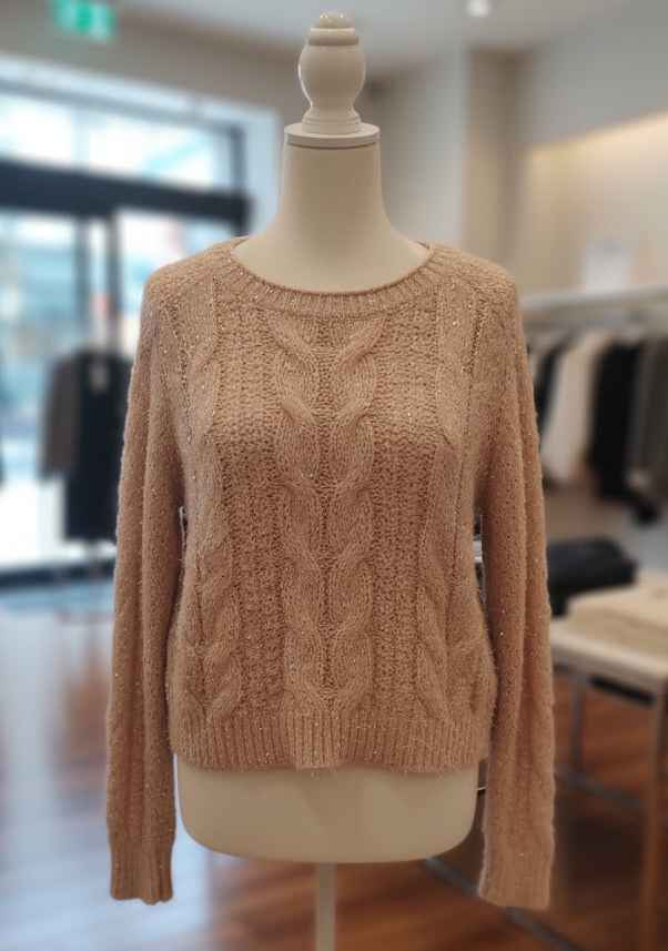 Maglione Donna Beige a Treccia con Filato Lurex – Morbido Caldo Invernale