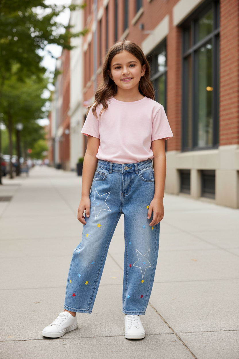 Jeans baggy bambina blu stampe colorate Made in Italy - vista frontale

