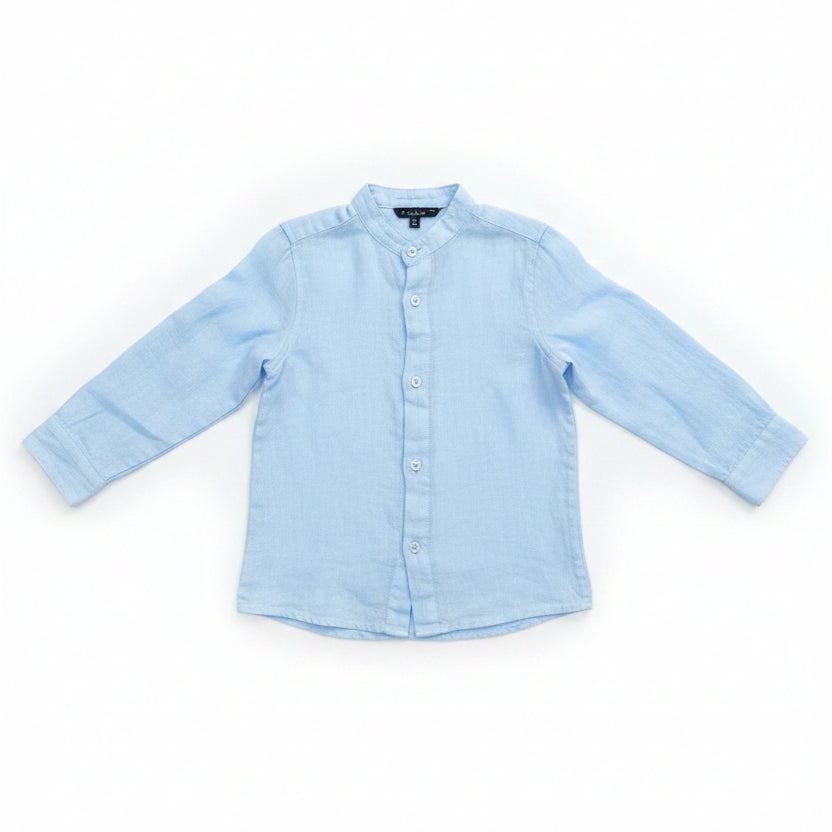 camicia in lino celeste da bambino con collo coreano