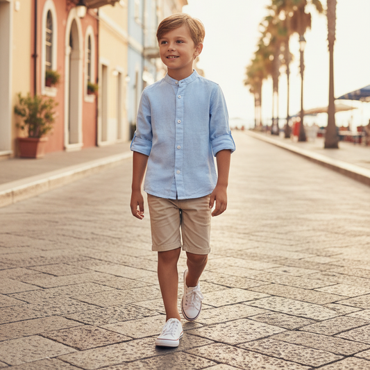 camicia in lino celeste da bambino con collo coreano