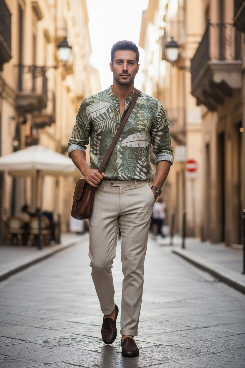 Camicia uomo in lino stampa floreale verde Made in Italy – manica lunga, I Narcisi
