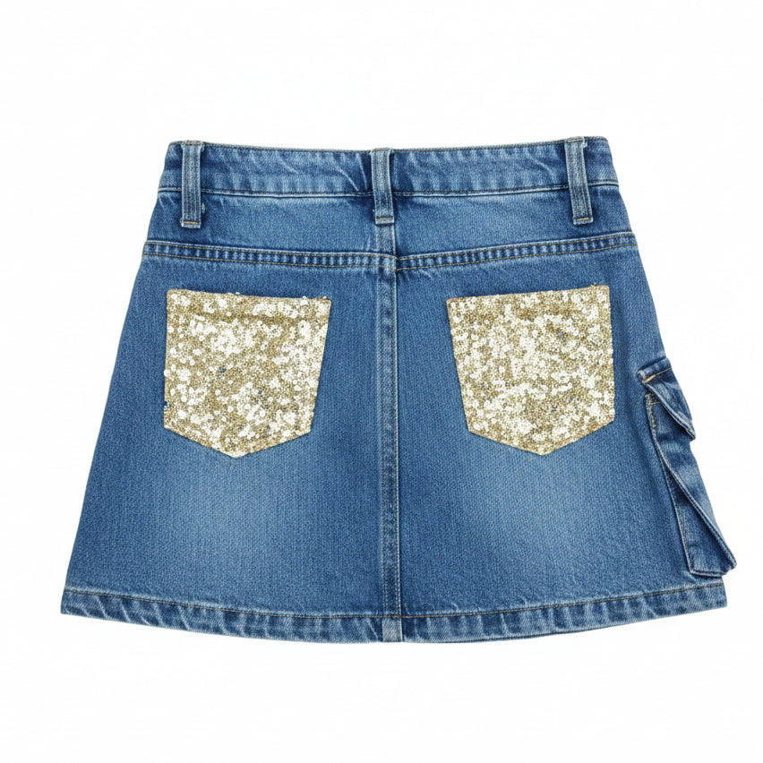 Gonna Bambina di Jeans con Tasche e Strass – Made in Italy