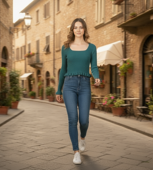 Maglia Donna a Costine con Scollo Quadrato – Maniche Lunghe | Dettaglio Volant in Vita | Made in Italy