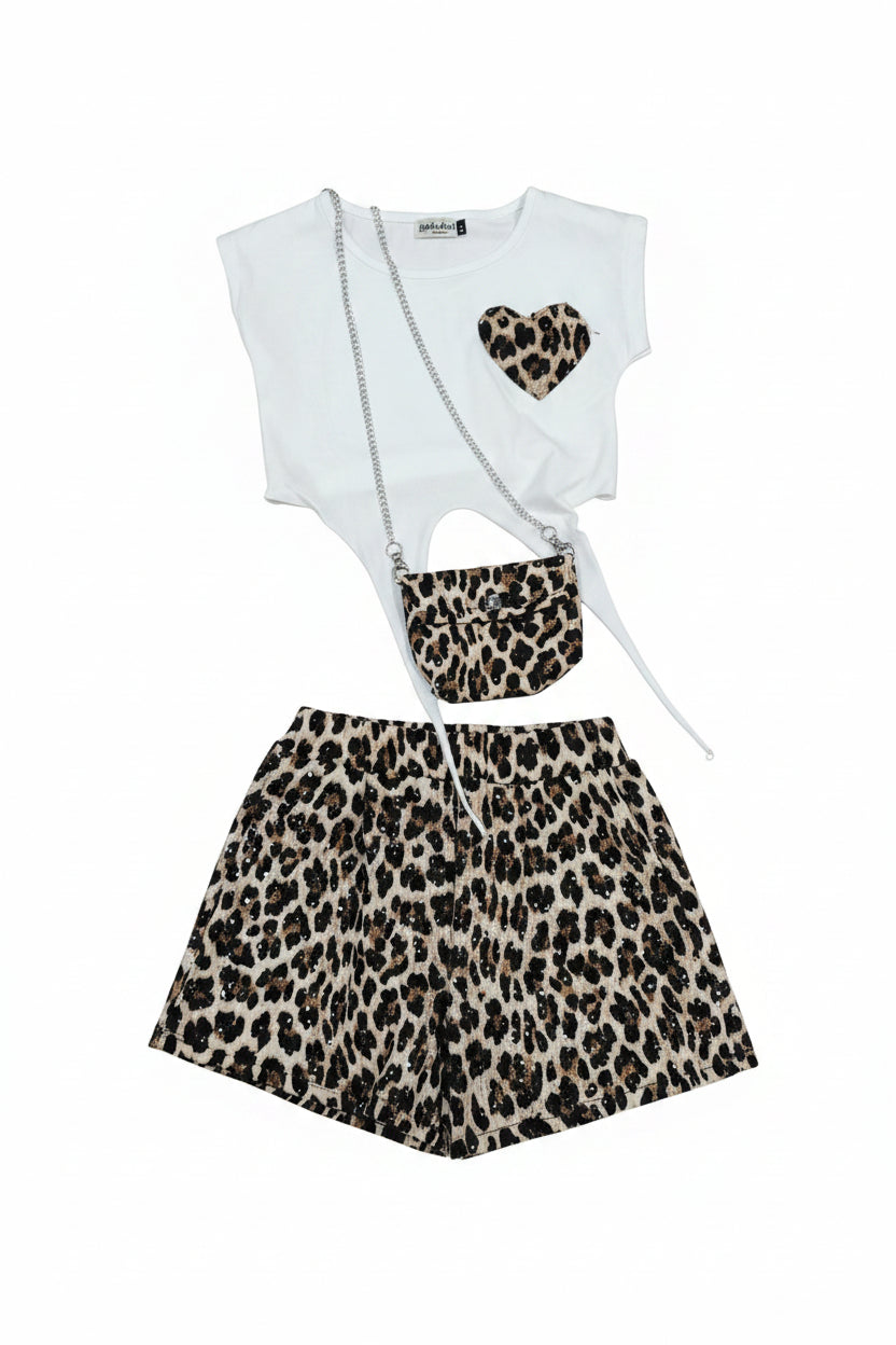 completo bambina pantaloncino maculato con t-shirt e Borsetta coordinata