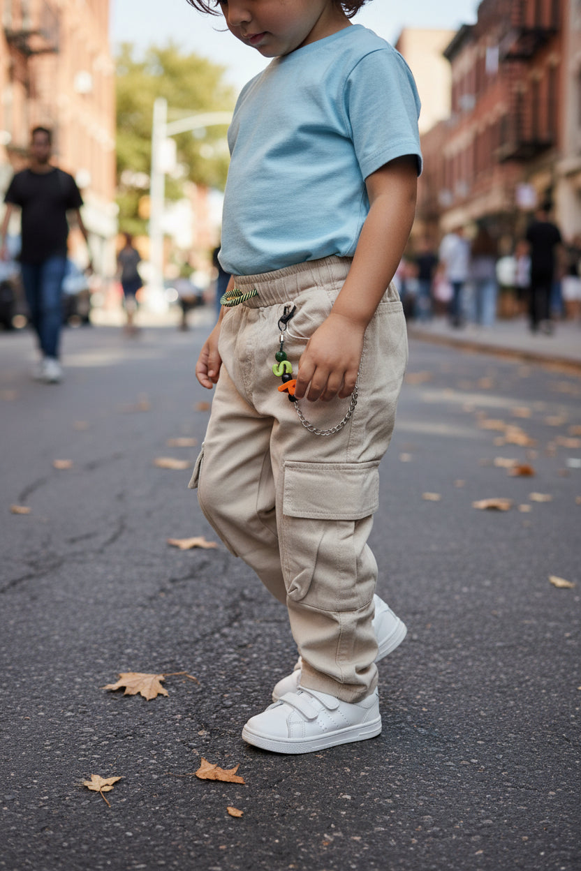 Jeans Cargo Bambino Beige Nero Tasche Funzionali 4-14 Anni
