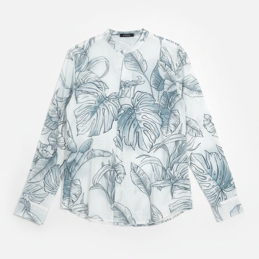 Camicia Uomo Collo Coreano Celeste – Stampa Floreale Made in Italy