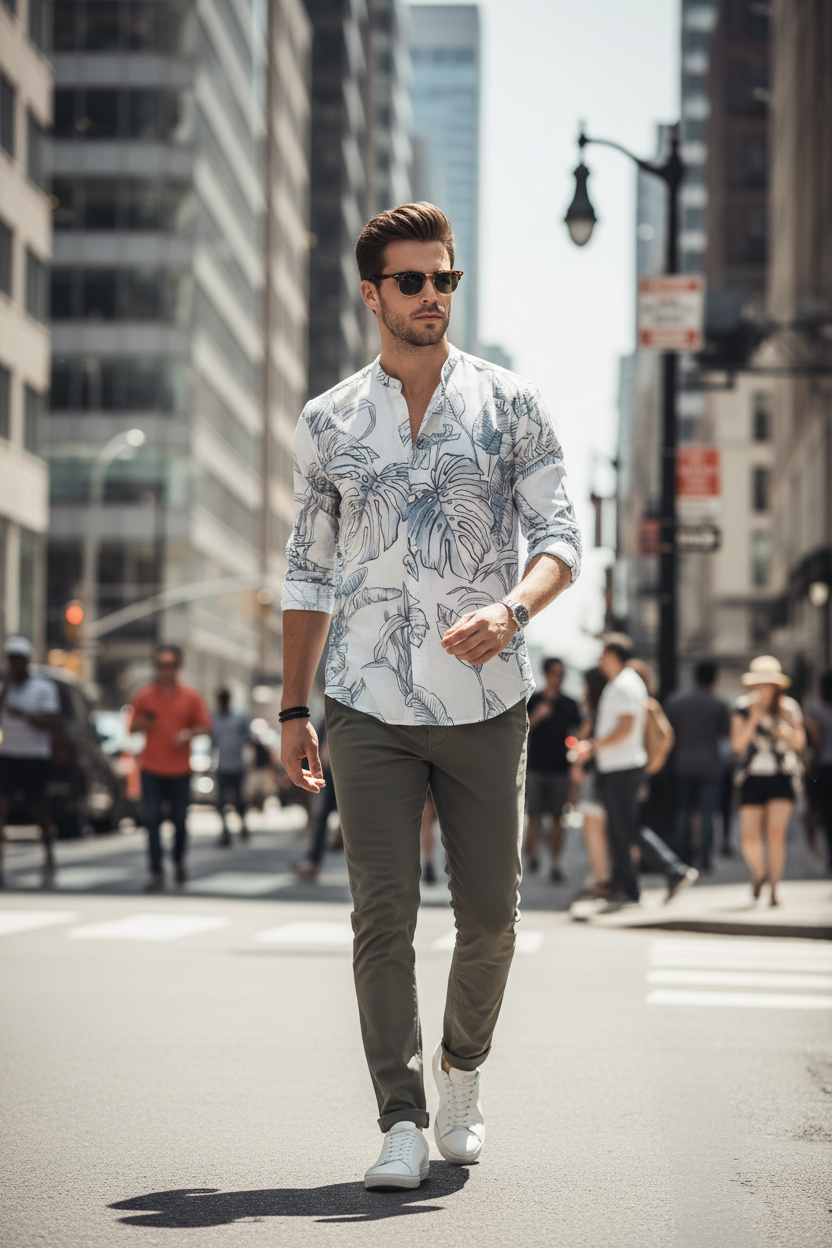 Camicia Uomo Collo Coreano Celeste – Stampa Floreale Made in Italy