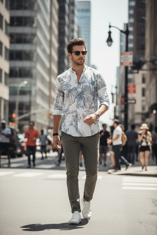 Camicia Uomo Collo Coreano Celeste – Stampa Floreale Made in Italy