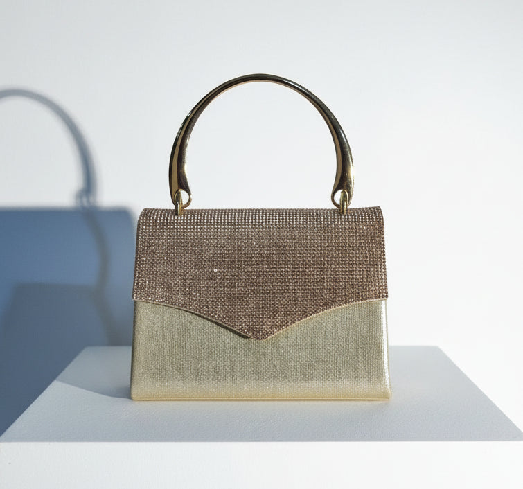 Mini Borsa a Mano Elegante Oro con Glitter e Manici Metallici – Perfetta per Cerimonie e Feste