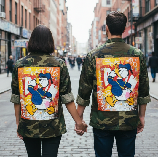 Giacca militare mimetica vintage con stampa pop art Paperino – Pezzo unico Made in Italy – I Narcisi