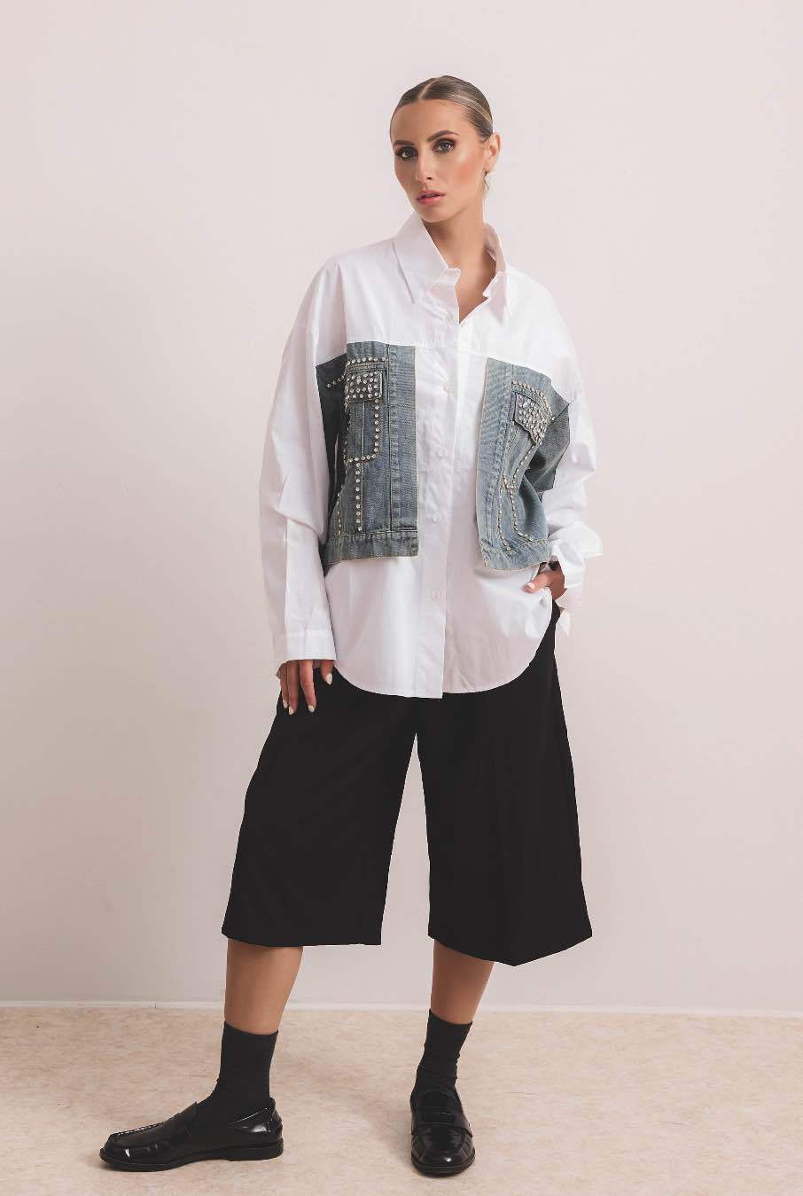 Camicia donna con inserti jeans Made in Italy – vista frontale | I Narcisi