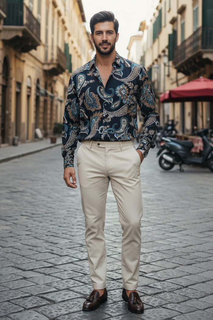 Camicie Uomo Viscosa Fantasie Colorate Collo Coreano – Made in Italy