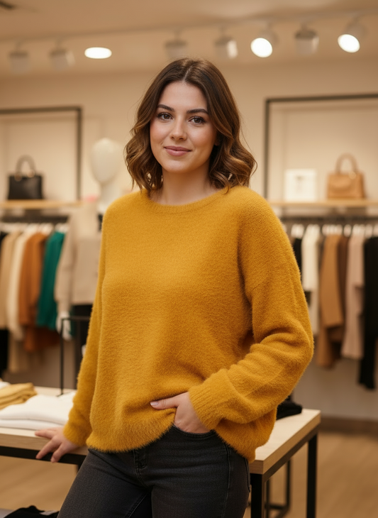 Maglia Donna Morbida Manica Lunga Color Senape – Invernale Calda Confortevole