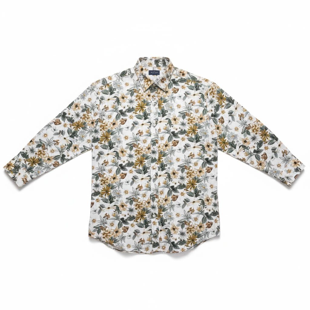 Camicia uomo floreale beige I Narcisi – Dettaglio stampa floreale Made in Italy taglie S M L XL XXL XXXL XXXXL XXXXXL
