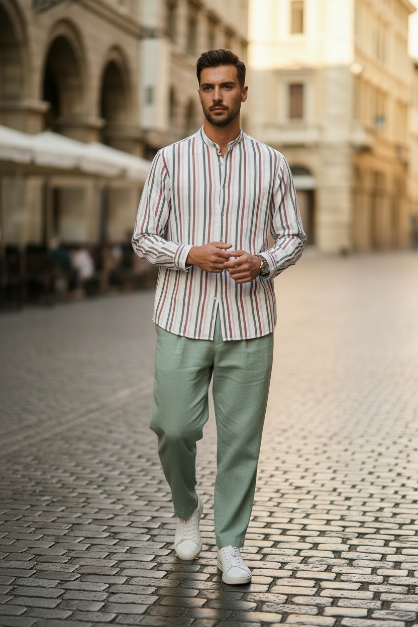 Camicia in Lino Uomo a Righe Verde Bianco Rosso Made in Italy – Colletto Coreana | I Narcisi