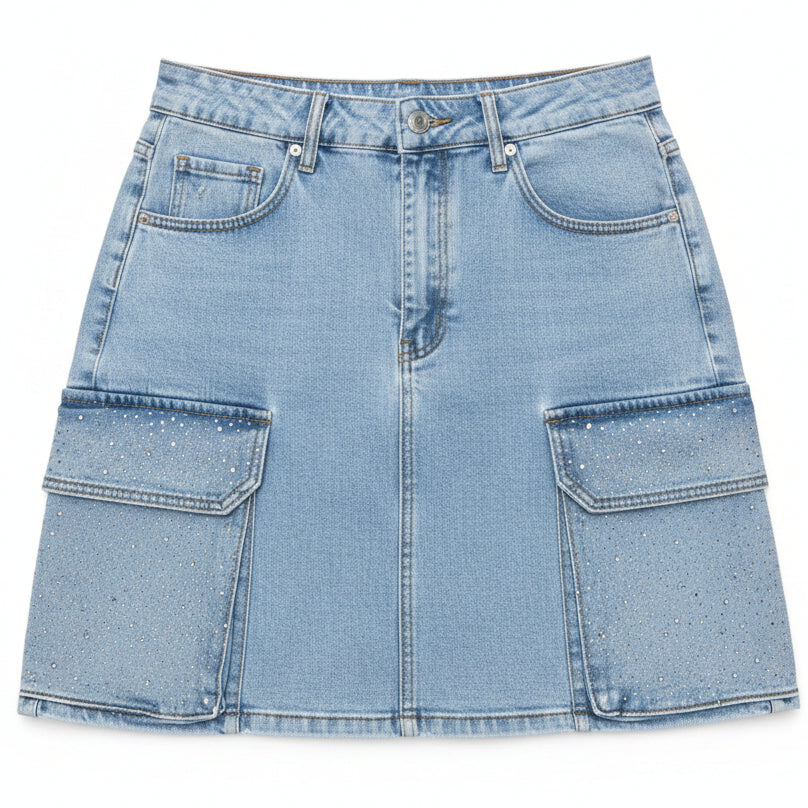 Gonna Jeans Corta Cargo con Strass sui Tasconi